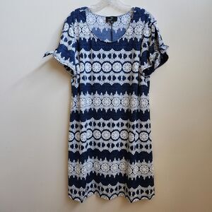 Ronni Nicole Dress Womens Size XXL ALine Blue White Abstract Short Sleeve Office